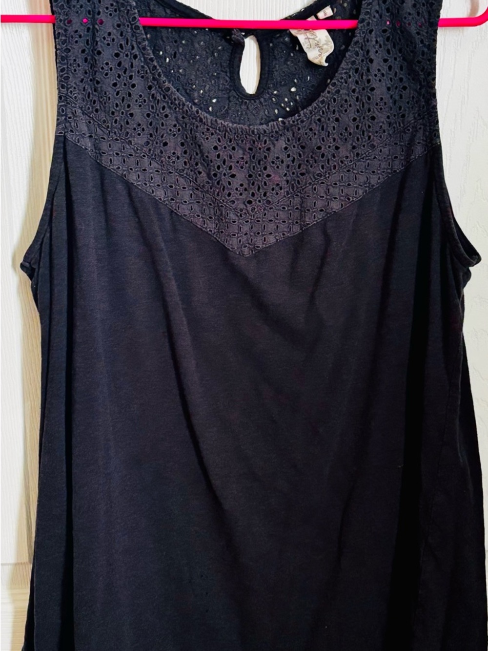 Black Eyelet Yoke Sleeveless Organic Tank Top - Women's